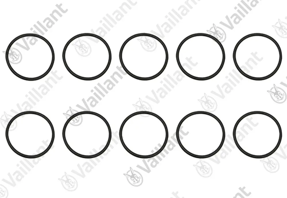 Zehn schwarze O-Ringe auf weißem Hintergrund, hergestellt von Vaillant, für Anwendungen in Gasarmaturen.